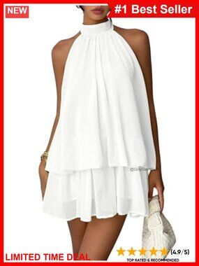 Halter Backless Mini Dress A-Line Drop Waist Ruffle Hem Summer Party Dress